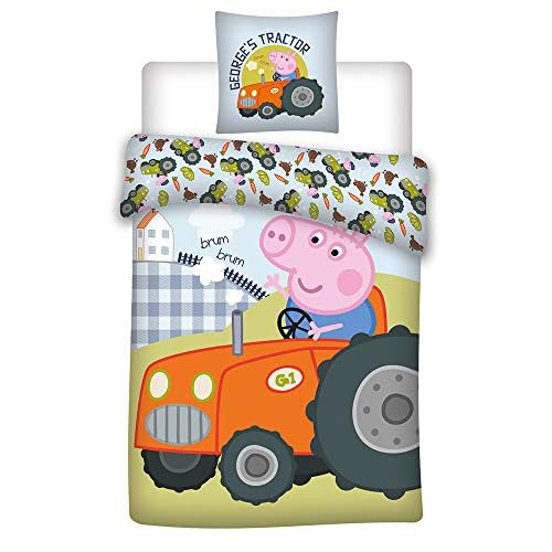 036 Bettwäsche, Peppa Pig Georges Traktor, wendbare Bettwäsche, Kissenbezug 40 x 60 cm + Bettbezug 100 x 135 cm, 100% Baumwolle X