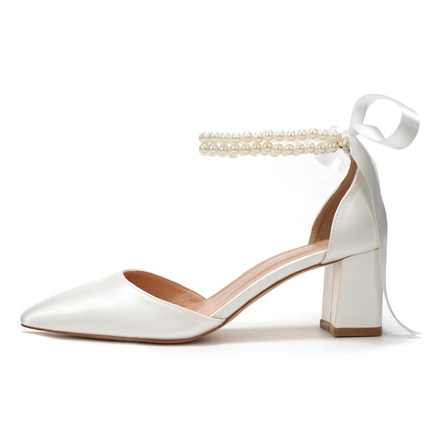 Elivandon J1585 Damen Satin Spitze Zehen Mittlerer Absatz Abend Sandalen 6 cm Blockabsatz Braut Party Hochzeit Pumps mit Doppel Perlen Riemen