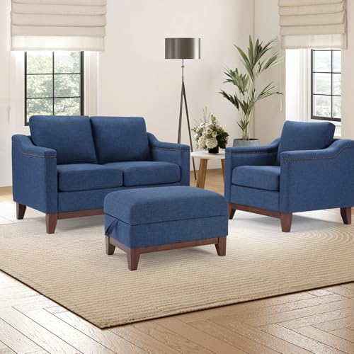 Image of Modern 3 Piece Sofa Set with Rivets, Included Chenille Accent Chair, Upholstered Loveseat 2-Seater Couches with Solid Wood Legs and Storage Ottoman, Living Room Furniture Set,Blue