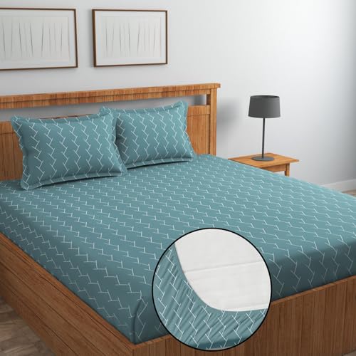 Image of NEW LEAF Premium Cotton Elastic Fitted Bedsheets with 2 King Size Pillow Covers | Double Bed with All Around Elastic 220 TC Supersoft |Size-72 King Sizex78+10 inches | Floral, Teal