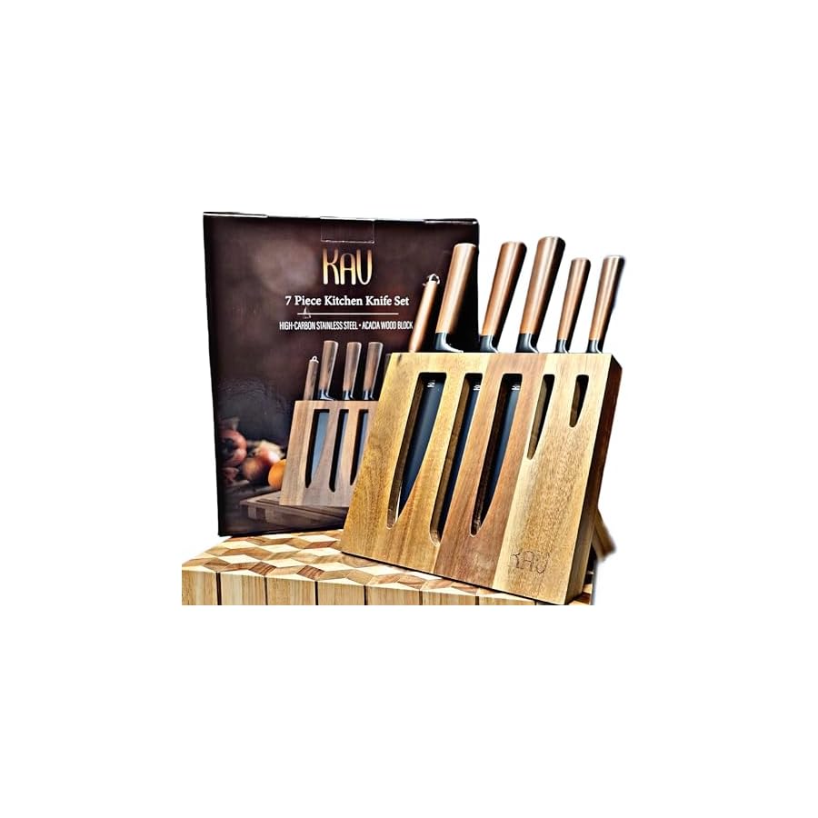 Knife-Set-with-Block-KAV-7pc-Kitchen-Knives-and-Sharpening-Rod-Stainless-Steel-Knife-Set-in-High-Carbon-Matte-Black-Chefs-Slicing-Bread-Utility-Knifes-Modern-Wooden-Block-Open-Face Knife Set with Block, KAV 7pc Kitchen Knives and Sharpening Rod, Stainless Steel Knife Set in High Carbon Matte Black, Chef's Slicing Bread Utility Knifes, Modern Wooden Block Open Face