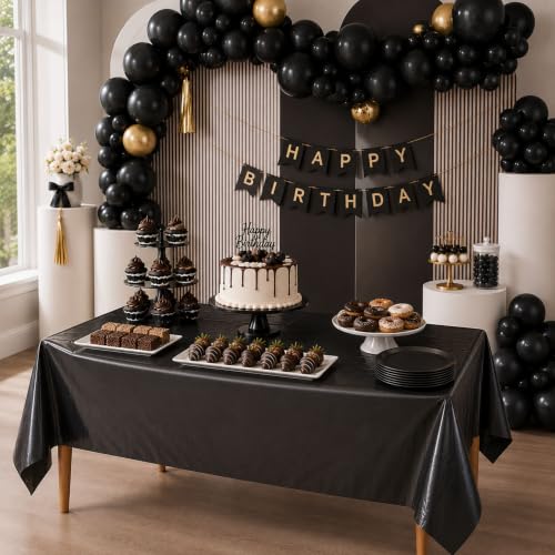 Image of Blue Orchards Black Plastic Table Cover (Pack of 3 with 20 Glue dots) - 54 inch x 108 inch - Black Waterproof & Disposable Tablecloth, Elegant Party Decoration for Graduation, Birthday Party Supplies