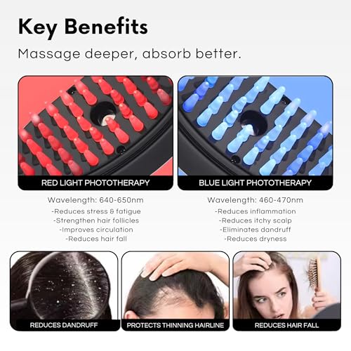 Image of Blue & Red Light Scalp Massager Brush Electric, LED Phototherapy Comb With Oil Applicator, High Frequency Comb For Hair Growth Photo Therapy, Red Light Therapy For Hair Loss & Scalp Care
