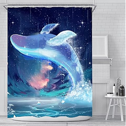 Whale Shower Curtain,Fantasy Whale in Sea Ocean Fish Bathroom Shower Curtain with Hooks,Polyester Waterproof Bath Curtain,72 x 72 Inch,Watercolor Healing Whale Cover