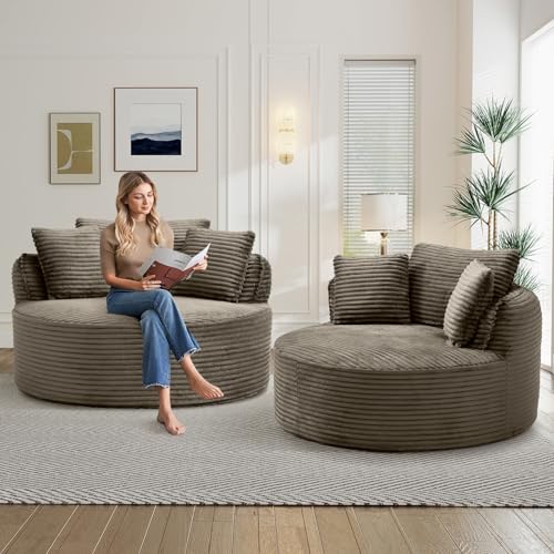 Image of Antetek 53.5-inch Round Chair, Modern Accent Corduroy Comfy Deep Seat Boneless Foam Floor Single Circle Chaise Sofa Chair with 3 Pillows for Living Room Bedroom Office, No Assembly Required, Camel