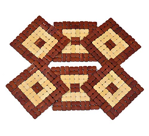 Yellow Weaves 6 Pieces Bamboo Wood Coasters or Heat Insulation Pad / Table Mats Placemats for Big Pans Pots- (17 X 17 Cms)