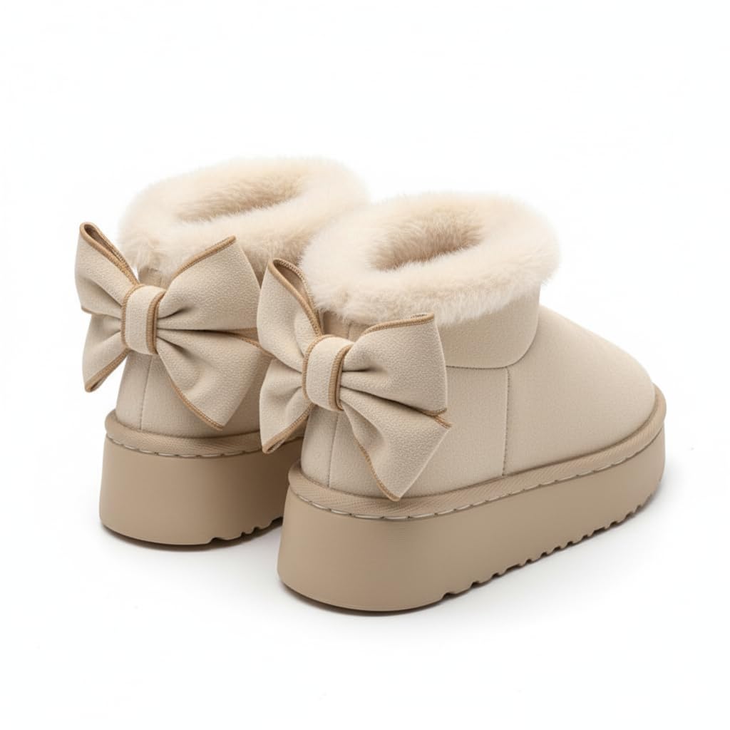 Platform Winter Mini Boots Women Bow Decor Classic Cozy Short Snow Waterproof Suede Fur Lined Fuzzy Ankle Boots