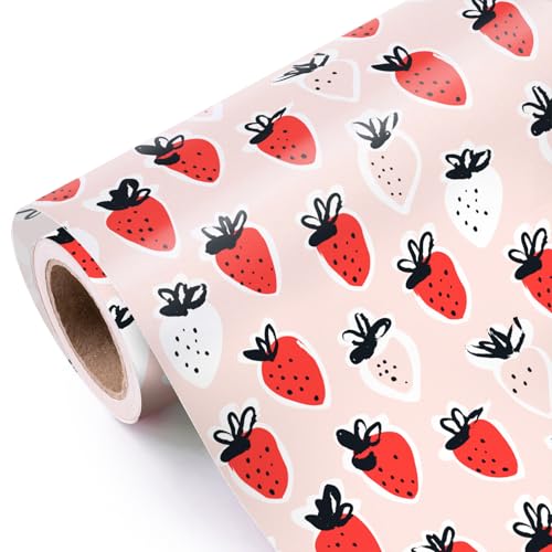WRAPAHOLIC Strawberry Wrapping Paper Roll - Mini Roll - 17 Inch x 16.5 Feet - Sweet Strawberry Fruits Wrapping Paper for Summer Birthday Wedding Baby Shower