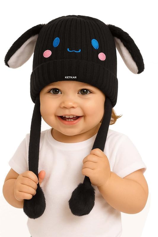 Bunny Cap with Moving Ears for Kids (1–10 Yrs) | Plush Wool Winter Hat | Cute Girls Headwear & Funny Cap