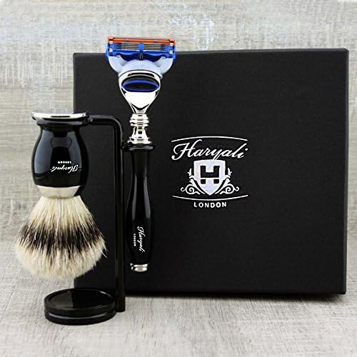 3 Pc Mens Shaving Kit 5 Edge Safety Razor With Silver Tip Badger Hair Shaving Brush and Stand Set For Men