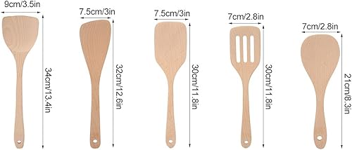 Miniatura 8 de Juego de 5 utensilios de cocina de madera, espátula de cocina, kit de cuchara antiadherente, herramientas de madera seguras con agujeros para