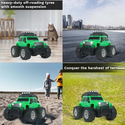 Image of Popsugar Off Roader Rechargeable Remote Control Monster Truck with 4 Headlight Modes | Lithium Battery | C-Type Charging | Remote Control Car for Kids | Made in India, Green with Black