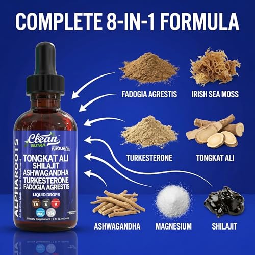 Image of Tongkat Ali Liquid Drops Shilajit, Ashwagandha, Turkesterone, Fadogia Agrestis, Magnesium, Irish Sea Moss, and Zinc Herbal Supplement by Clean Nutra