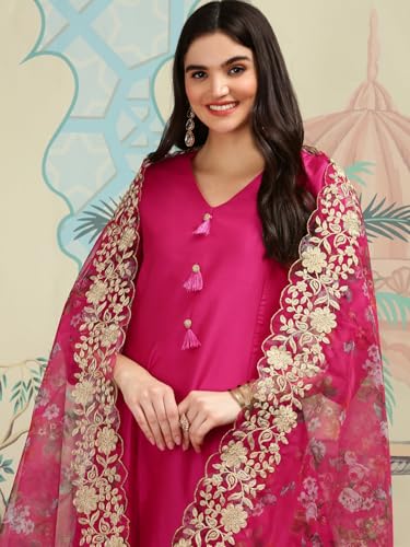 Image of ishin V-Neck Three-Quarter Sleeves Kurta with Trousers & With printed Dupatta | Kurta set for women | Kurta with trousers and dupatta