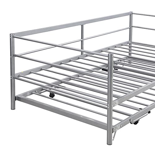 Nckmyb Twin Size Metal Daybed With Pop Up Trundle, Metal Sofa Bed With Adjustable Height Trundle, Simple Style Steel Day Bed Frame For Living Room Guest Room, Silver #TOP7