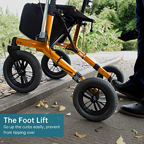 Image of ELENKER All-Terrain Rollator Walker with Non-Pneumatic Tire 12 inch Front Wheels, Compact Folding Design for Seniors (Orange)