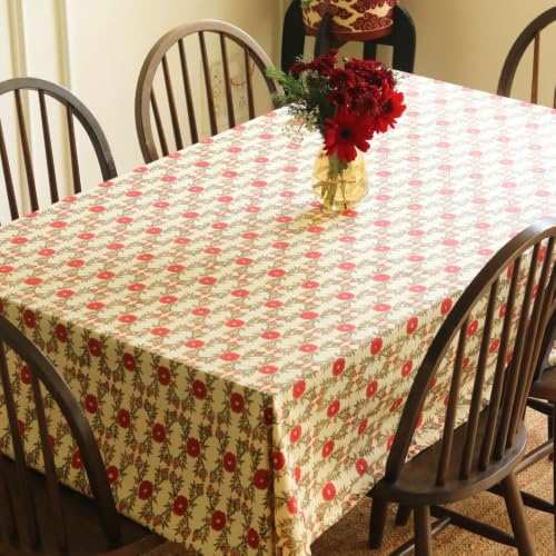 Image of THE YARD HOUSE Wipeable & Anti-Slip Hand Block Printed Cotton Table Cover - Field of Poppies, 6 Seater Rectangle (60 inch x 90 inch) Ideal for Families - Protects Against Spills, Scratches, and Damage.