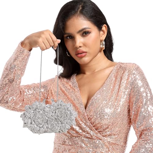 Image of Boutique De FGG Mini Flower Evening Bags For Women Formal,Party Rhinestone Clutch Purses,Wedding Floral Crystal Clutch Bag