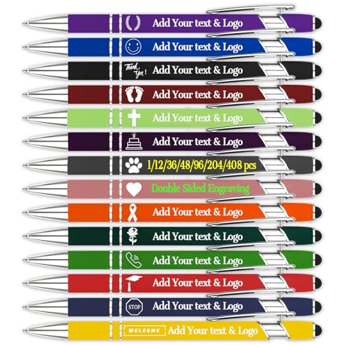 LMJUEJIN Up to 1200 pcs Bulk Custom Pens Personalized Pen with Name or Logo - Blue or Black Ink - Engraved Metallic Customized Pens with Stylus Tip Pen Gift Ideal for Business Promotions (Style 1)