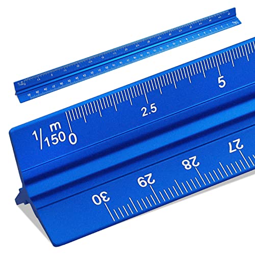 SZXMDKH Règle d'échelle triangulaire de 30 cm, règle en métal pour architectes, 1/20, 1/25, 1/50, 1/75, 1/100, 1/150 (bleu)