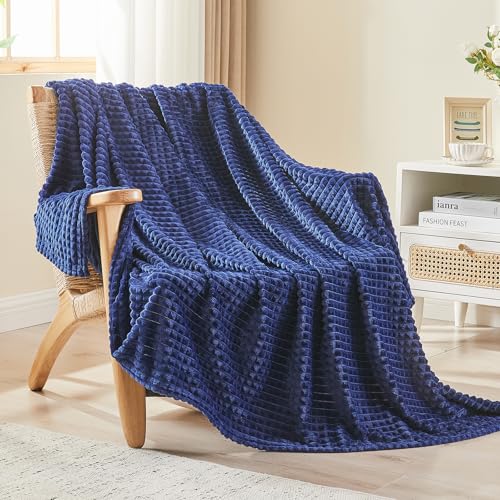 Image of EMME Fleece Blanket, 3D Jacquard Throw Blanket for Couch and Bed, Soft Cozy and Fluffy Blankets Lightweight Luxury Flannel with Geometric Grid Design (Navy Blue, 60 inch x 80 inch)