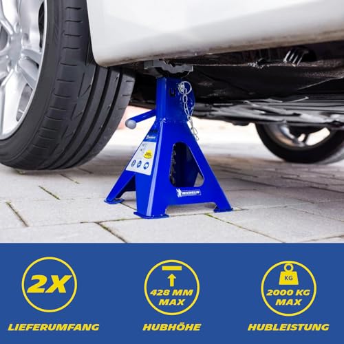 MICHELIN Unterstellbock 2 Tonnen Traglast, 2 Stück Stützböcke, Höhenverstellbar 280 mm bis 428 mm Hubhöhe Gummiauflage Zahnstange