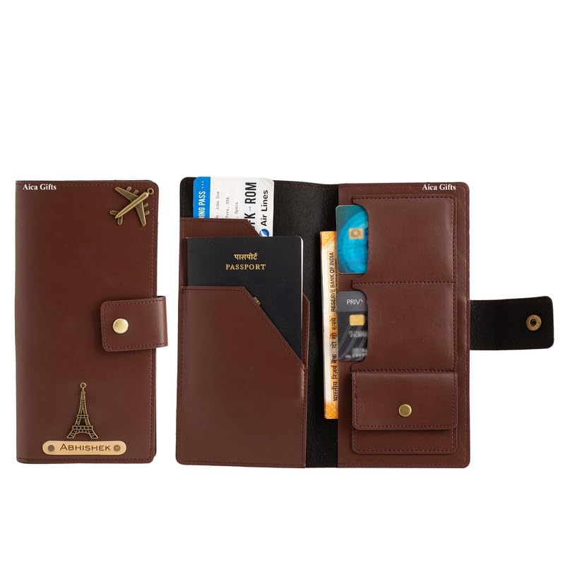 Image of AICA Personalized Name & Charm Long Leather Wallet Passport Cover with (Dark Brown) Passport Boarding Pass Currency Card Slot & Coin Holder for Men & Women | Corporate Office Gift Employee Colleagues