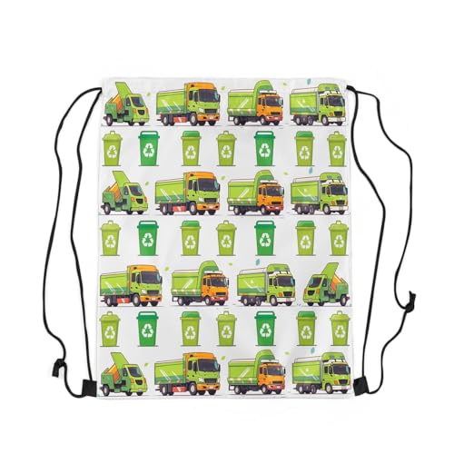 Erosebridal Garbage Truck Drawstring Bags Cartoon Green Car Drawstring Backpack Machinery Transport Vehicle String Backpack Trash Can Print Draw String Back Bag 13X15.73
