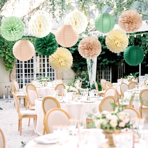 Image of Sage-Olive Green Party-Decorations Paper-Flowers Lanterns - 15PCS Safari Boho Birthday Rustic Tissue Pom Poms Streamers, Baby Shower Neutral Garden Wedding Graduation Hanging Supplies Decor Hugfond
