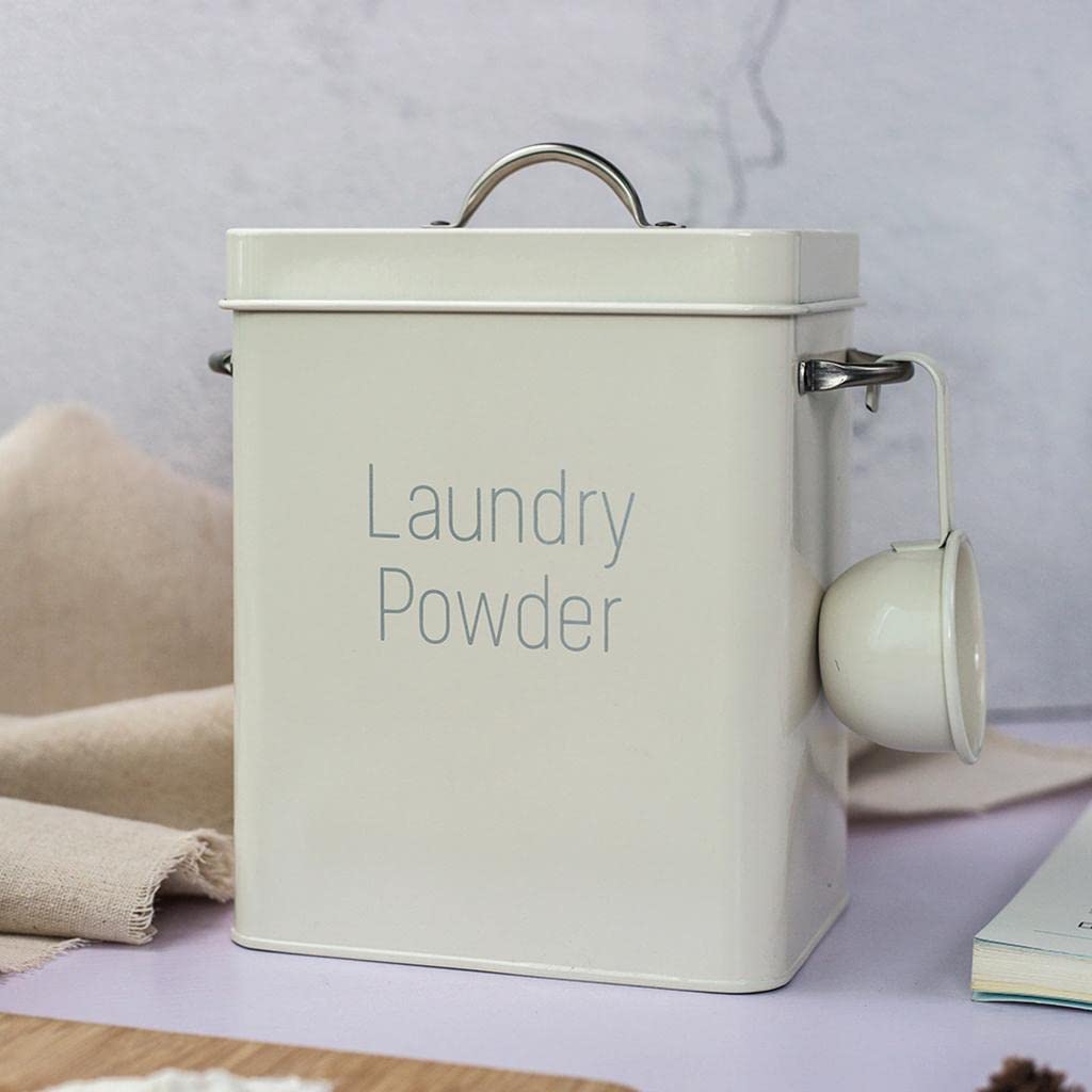 Grande contenitore di latta per bucato in polvere con cucchiaio, bianco
