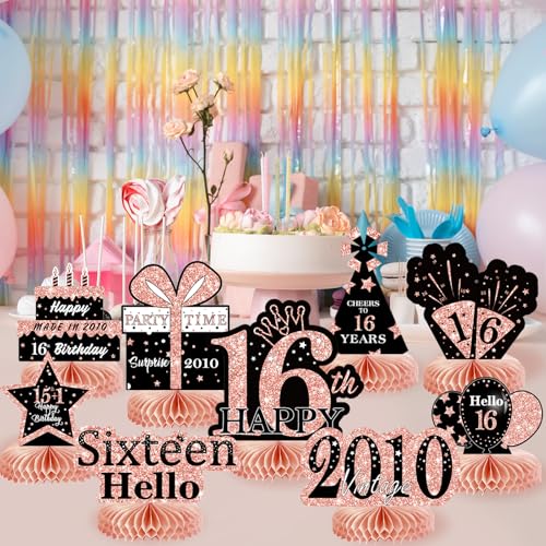 Image of 9Pcs Rose Gold Sweet 16 Birthday Decorations Honeycomb Centerpieces for Girls,Pink Happy 16th Birthday Centerpieces Tables Toppers Party Decorations Supplies 16th Table Sign Decor