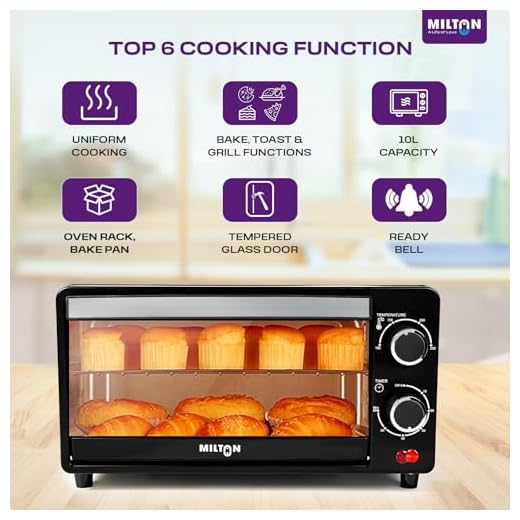 Milton 10L OTG Oven Toaster Griller for Kitchen | 800W | Royal Black Finish | Auto Shut-Off | 250°C Thermostat | Timer, Bell & Tempered Glass | Easy to Clean | Includes Grill Rack & Baking Tray
