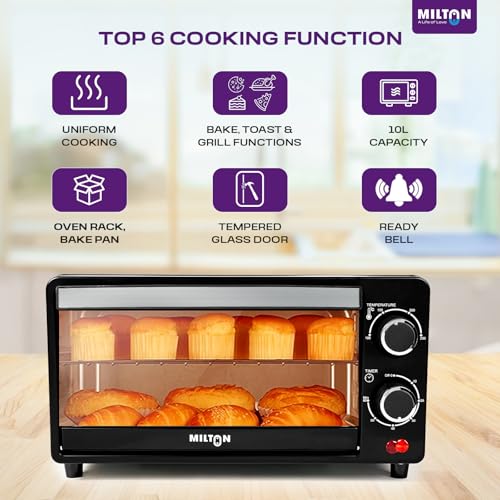 Image of Milton 10L OTG Oven Toaster Griller for Kitchen | 800W | Royal Black Finish | Auto Shut-Off | 250C Thermostat | Timer, Bell & Tempered Glass | Easy to Clean | Includes Grill Rack & Baking Tray