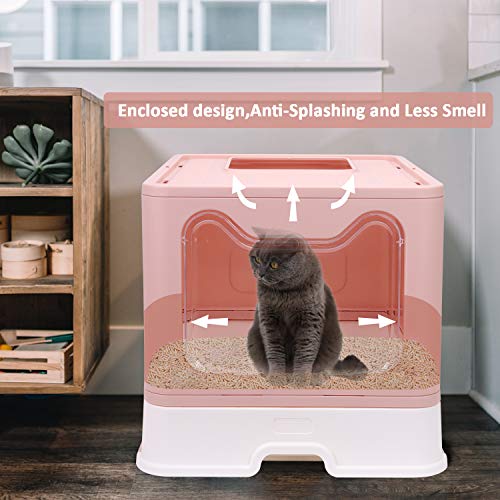 Foldable Cat Litter Box With Lid, Enclosed Cat Potty, Top Entry Anti-Splashing Cat Toilet, Easy To Clean Including Cat Litter Scoop And 2-1 Cleaning Brush (Pink), Large #TOP4