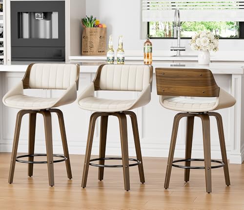 Image of YaFiti Bar Stools Set of 8, 26 inch Swivel Counter Height Barstools with Bentwood Back and Legs, Mid Century Modern Upholstered Faux Leather Counter Stools for Kitchen Island, Dining Room, Cream White