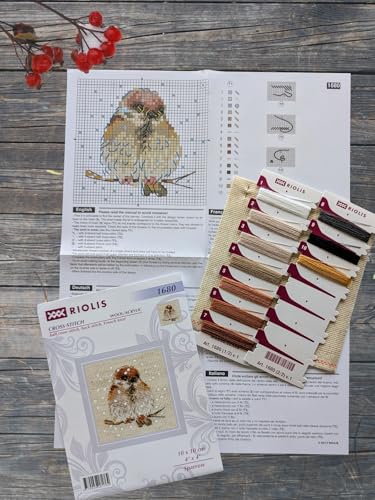 Image of RIOLIS - Sparrow 1680, Cross Stitch Kits 3,94 inch x 3,94 inch, Cross Stitch Kits for Beginners & Advanced, Crossstitching Kit Adult, Embroidery Counted Stitching Kit