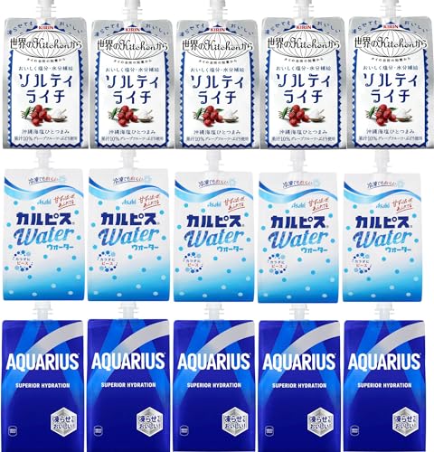 「水分補給 熱中症対策 パウチ飲料300ｇ 3種類各5個 合計15個の詰合せセット」ソルティーライチ・アクエリアス・カルピスウォーター、塩分補給 ＊＊ゼリーではありません。凍らせます。（バラエティ茶屋325）のサムネイル