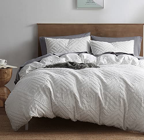 Image of Boho Queen Duvet Cover Set - Textured 3 Piece Tufted White Bedding with Zipper Closure, 1 Queen Size Duvet Cover 90x90 Inches and 2 Pillow Shams