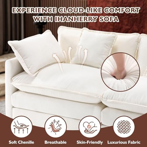 Ihanherry 111.4 Inch 3-Seater Cloud Sofa, Modular Sectional Couch, Modern Deep Seat Sofa for Living Room, Comfy Double Layer Upholstered Seat Cushion, Breathable Chenille Fabric, Beige - 3