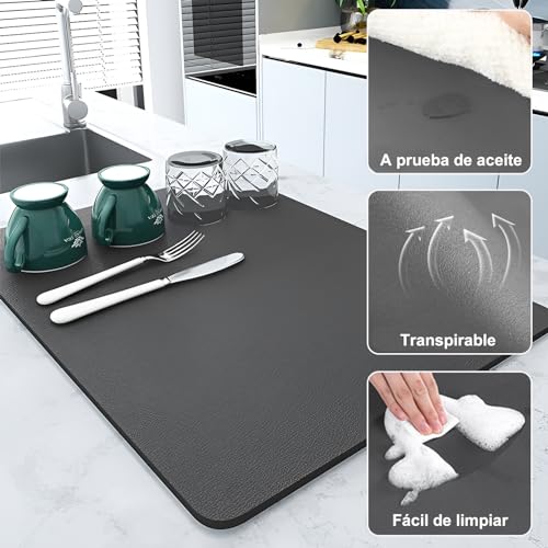 Miniatura 3 de Soqkeen Alfombrilla Escurreplatos, 40 X 30 Cm Súper Absorbente Alfombra Escurreplatos, Alfombrilla Absorbente Antideslizante Para Mostrador De Cocina, Esterilla De Secado Para Cafetera, Gris Oscuro