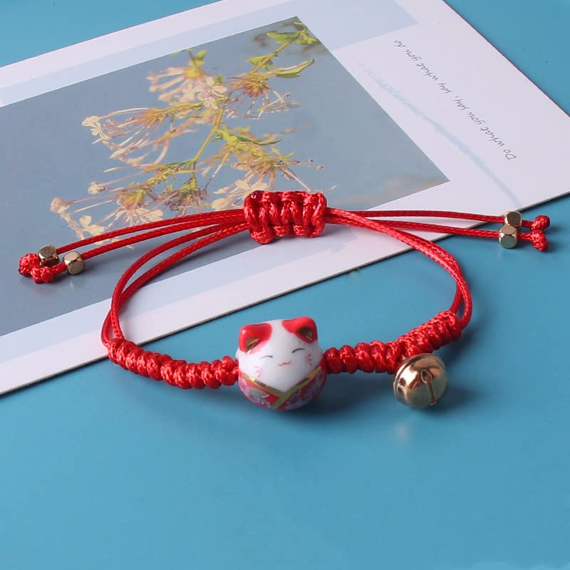 3 Pieces Cat Maneki Neko Bracelet Cute Lucky Cat Ceramic Beads Bracelets Feng Shui Lucky Bracelet Japanese Fortune String Bracelet with Bell, Adjustable - Image 3