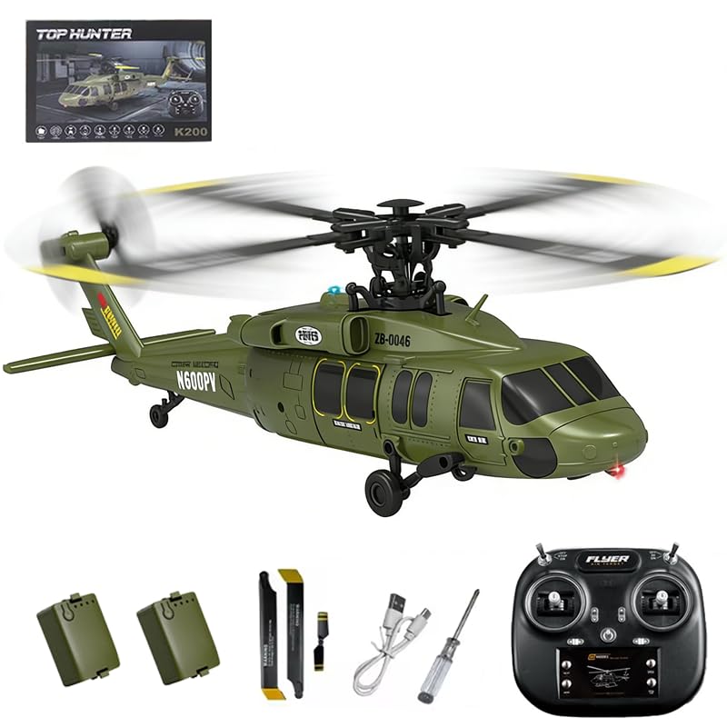 Black Hawk K200 UH-60 RC Helicopter with 6-axis Gyro, 6CH Brushless Simulation Inverted Flight Stunt & Optical Flow Positioning Remote Control Helicopter RTF Plane for Adult