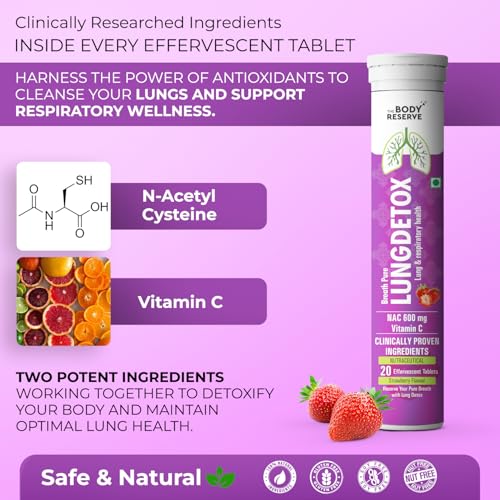 Image of The Body Reserve Lung Detox 60 Effervescent Tablets With N-Acetylcysteine 600mg and Vitamin C | Cleaner Lungs Detoxification and Immune Defence Strawberry Flavour (Pack Of 3)