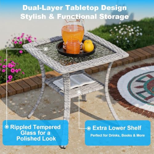 Image of 7-Piece Small Patio Furniture Set, Outdoor Swivel Rocking Chairs Set with 55,000 BTU Fire Pit Table Wicker Chairs and Tempered Glass Side Table, Patio Bistro Set for Balcony, Deck, Porch