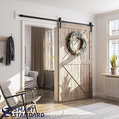 Smartstandard 8 Feet Heavy Duty Sturdy Sliding Barn Door Hardware Kit -Smoothly And Quietly -Easy To Install -Includes Step-By-Step Installation Instruction Fit 48" Wide Door Panel ( J Shape Hanger) #TOP1