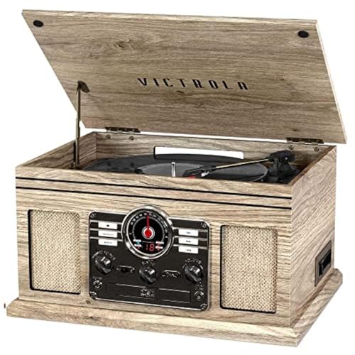 Victrola The Quincy 6-in-1 Bluetooth Record Player & Multimedia Center with Built-in Speakers – 3-Speed Turntable, CD & Cassette Player, FM Radio, Wireless Music Streaming (Farmhouse Oatmeal)