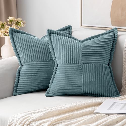 Image of MIULEE Decorative Throw Pillow Covers for Couch Bed Livingroom 20x20 Inch Set of 2 Dusty Blue Boho Accent Throw Pllows Broadside Striped Patchwork Soft Corduroy Summer Coastal Pillowcases