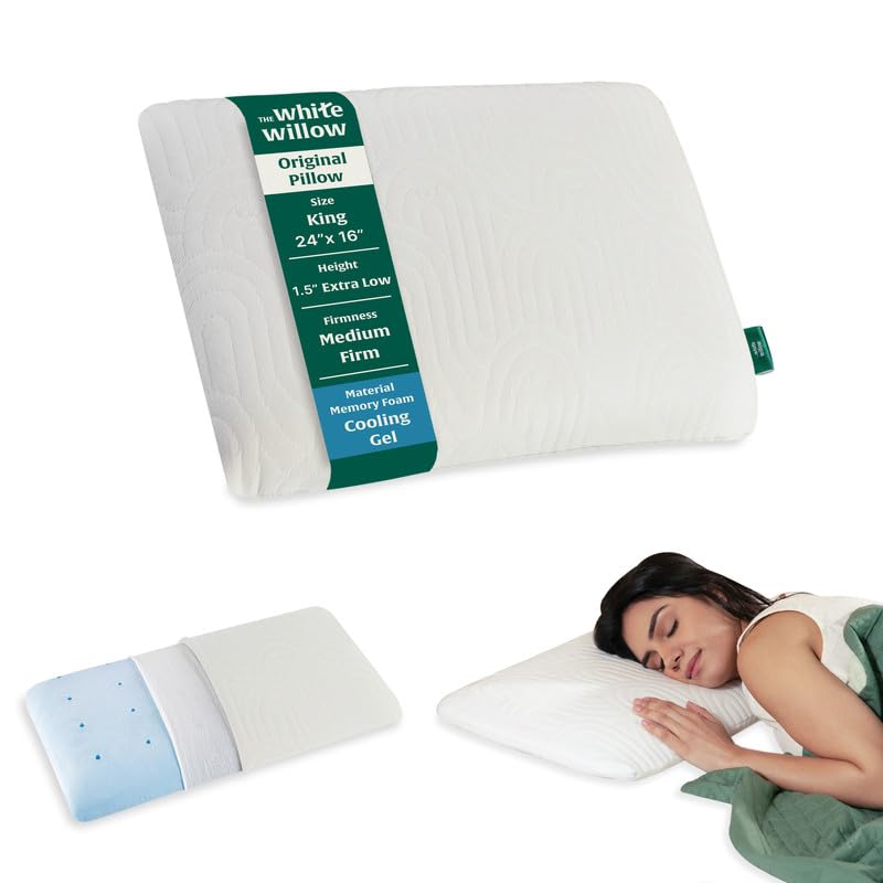 The White Willow Ultra Thin Memory Foam Pillow – Cool Gel Slim Pillow for Sleeping,Neck & Shoulder Pain Relief, Flat Orthopedic Cervical Pillow for Neck Support, King Size, 1.5" Height,Classic White