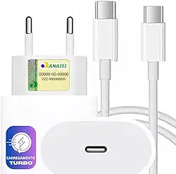 Carregador Turbo Compativel c/Novo iPhone 16, 16 pro, 16 pro max, iPhone 15, 15 pro, 15 pro max, IOS/Android, 5.0 Super Rapido, Fonte Entrada Tipo-C + Cabo USB-C Fast Charge, Certificado UTBRX