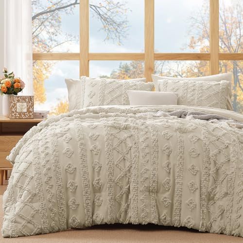 Image of King Size Comforter Set- 7 Pieces Tufted Bed in a Bag King Bedding Sets | All Season Shabby Chic Boho Bedding with Comforter, Sheets, Pillowcases & Shams, Beige